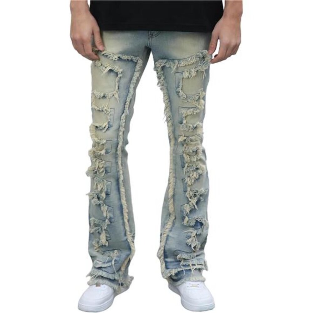 New w Tags Men's Ripped Bootcut Jeans Slim Fit Bell Bottom Ripped Flared Denim